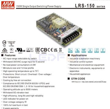 Mean Well LRS-150-12 | 12V 12.5A 150W LED Güç Kaynağı