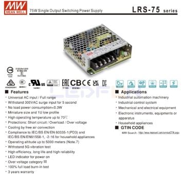 Mean Well LRS-75-12 | 12V 6A 75W LED Güç Kaynağı