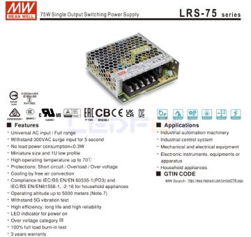 Mean Well LRS-75-12 | 12V 6A 75W LED Güç Kaynağı