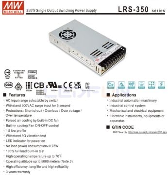 Mean Well LRS-350-24 | 24V 14.6A 350W LED Güç Kaynağı