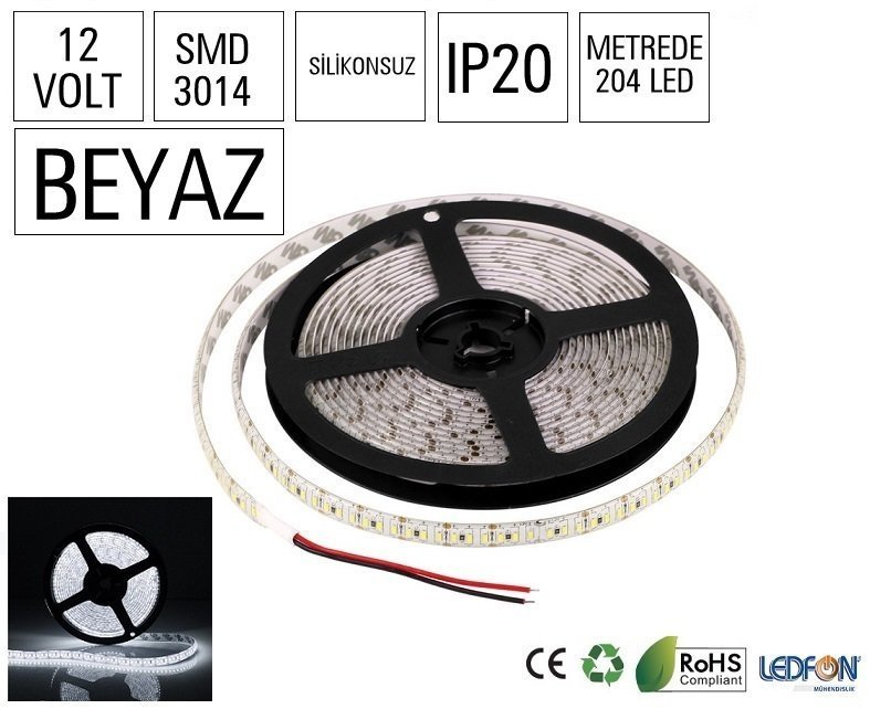 12V Metrede 204 Led İç Mekan Şerit Led Beyaz