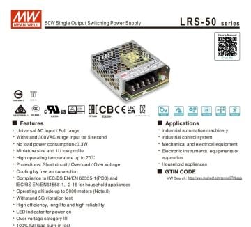 LRS 50-5 Mean Well 5V 10A 50W Güç Kaynağı