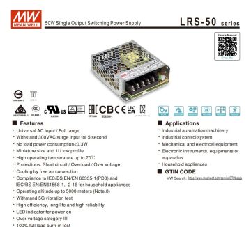 LRS 50-5 Mean Well 5V 10A 50W Güç Kaynağı