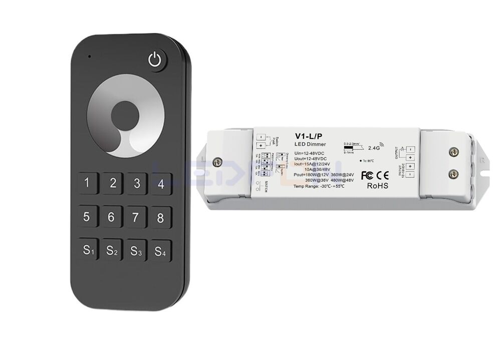 Bölge Kontrollü RF Kumandalı Tek Renk LED Dimmer Kontrol Cihazı (12V–24V / 15A) +1 Ek Alıcı