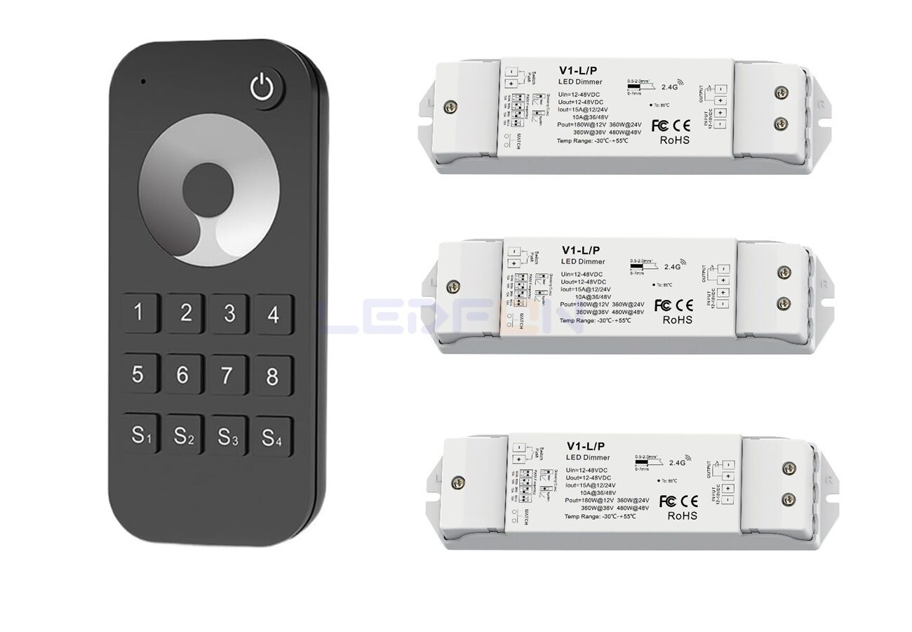 Bölge Kontrollü RF Kumandalı Tek Renk LED Dimmer Kontrol Cihazı (12V–24V / 15A) +3 Ek Alıcı