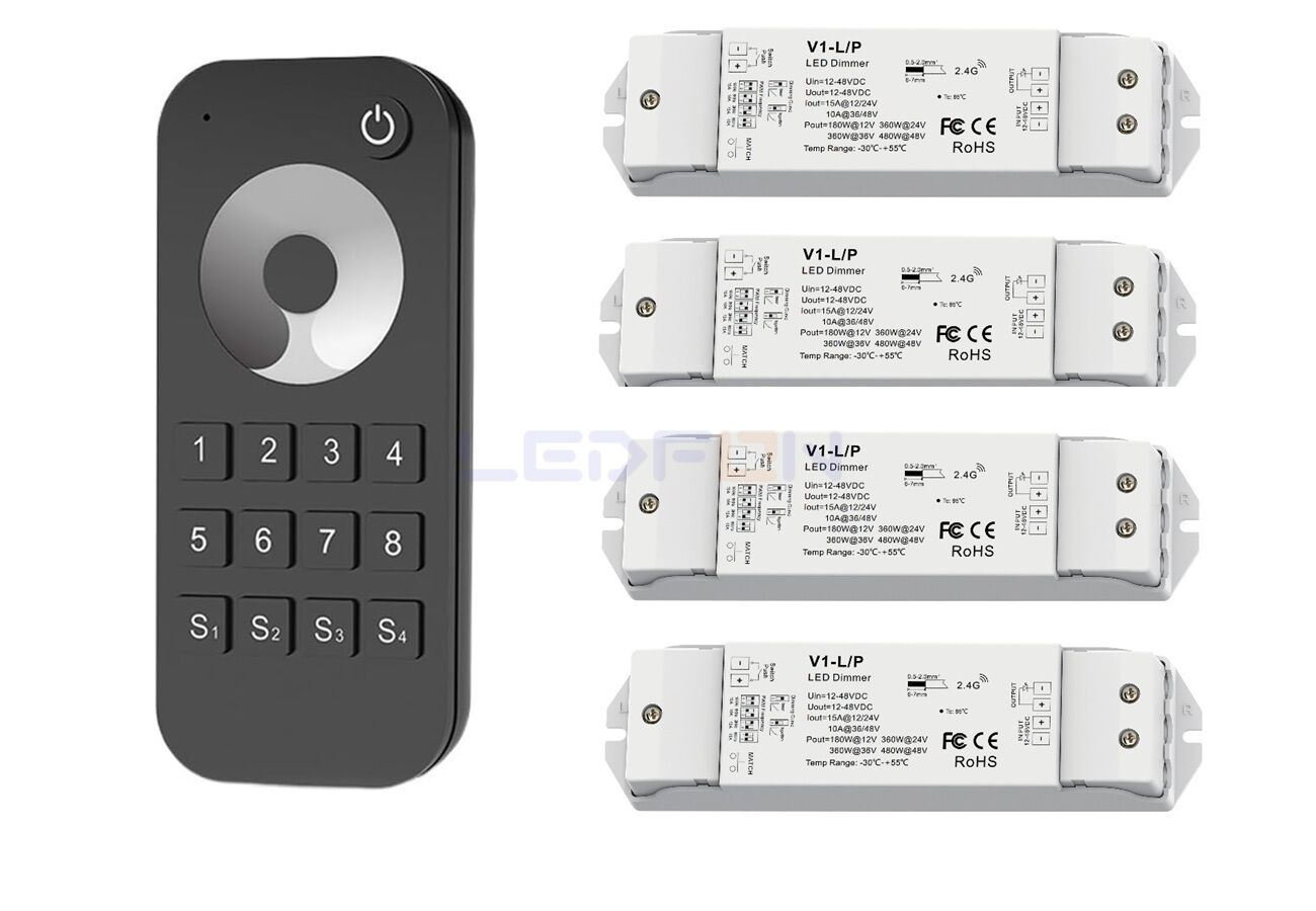 Bölge Kontrollü RF Kumandalı Tek Renk LED Dimmer Kontrol Cihazı (12V–24V / 15A) +4 Ek Alıcı
