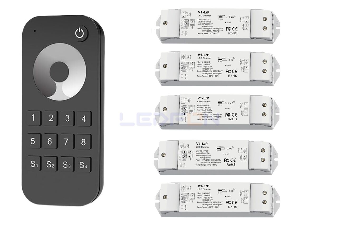 Bölge Kontrollü RF Kumandalı Tek Renk LED Dimmer Kontrol Cihazı (12V–24V / 15A) +5 Ek Alıcı