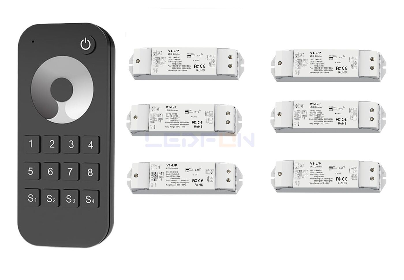 Bölge Kontrollü RF Kumandalı Tek Renk LED Dimmer Kontrol Cihazı (12V–24V / 15A) +6 Ek Alıcı