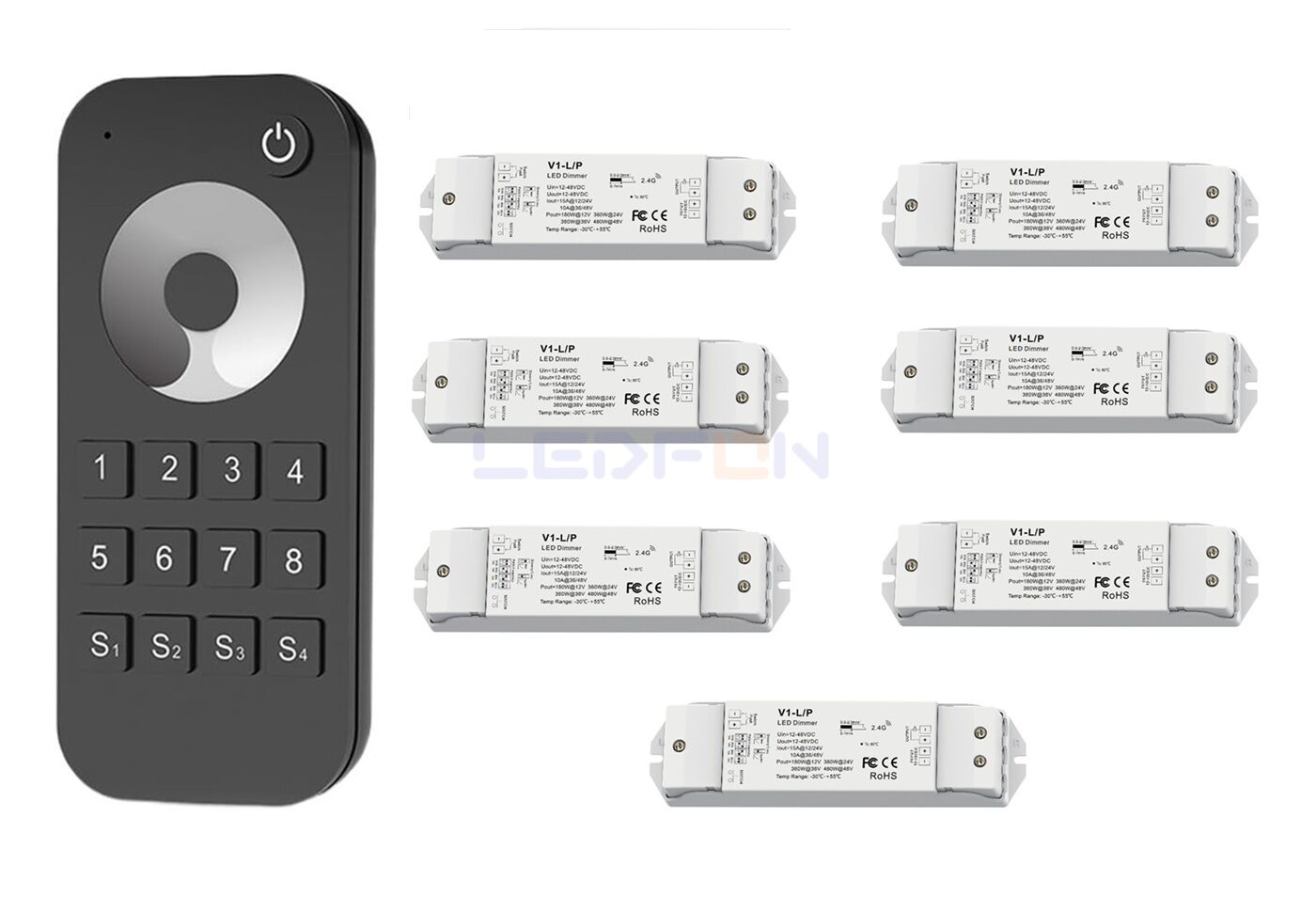 Bölge Kontrollü RF Kumandalı Tek Renk LED Dimmer Kontrol Cihazı (12V–24V / 15A) +7 Ek Alıcı