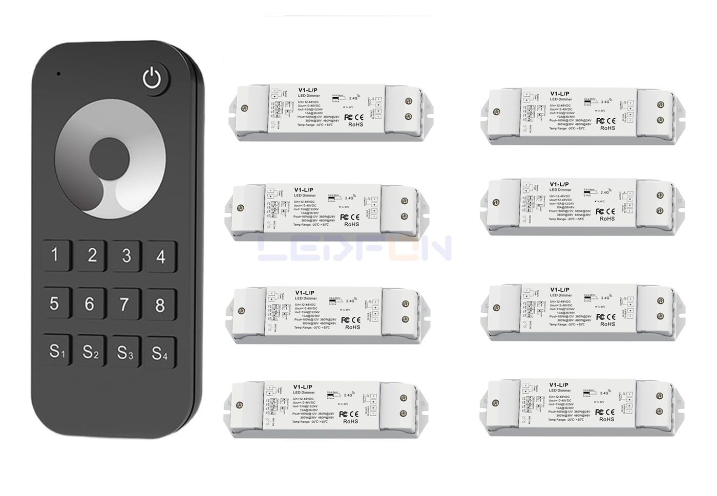 Bölge Kontrollü RF Kumandalı Tek Renk LED Dimmer Kontrol Cihazı (12V–24V / 15A) +8 Ek Alıcı