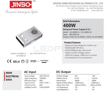 Jinbo 12V 33A 400W IP33 Rainproof Adaptör