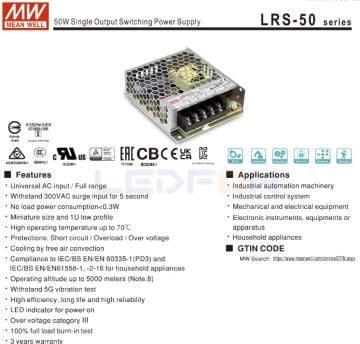 Mean Well LRS-50-24 | 24V 2.2A 50W LED Güç Kaynağı