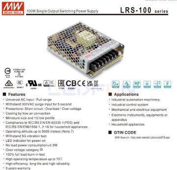 Mean Well LRS-100-24 | 24V 4.5A 100W LED Güç Kaynağı
