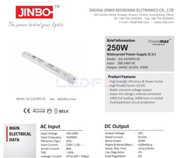 Jinbo 24V 10.42A 250W IP33 Slim Adaptör