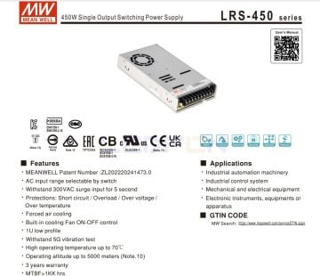 LRS-450-12 Mean Well 12V 37.5A 450W Adaptör
