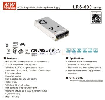 LRS-600-12 Mean Well 12V 50A 600W Güç Kaynağı