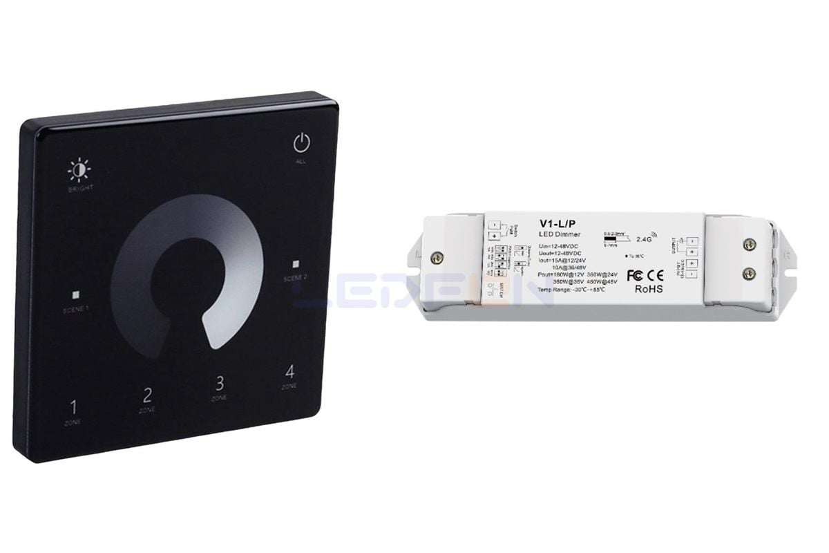 Duvar Tipi Bölge Kontrollü Tek Renk Led Dimmer Siyah  (12V-24V /15A) +1 Adet Dim Alıcı Siyah