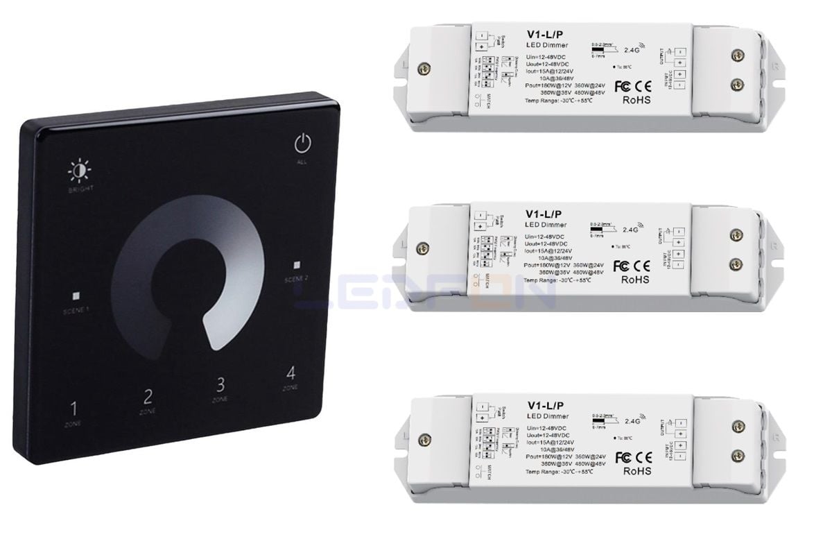 Duvar Tipi Tek Renk Bölge Kontrollü Led Dimmer Kumanda Siyah +3 Adet Dim Alıcı Siyah