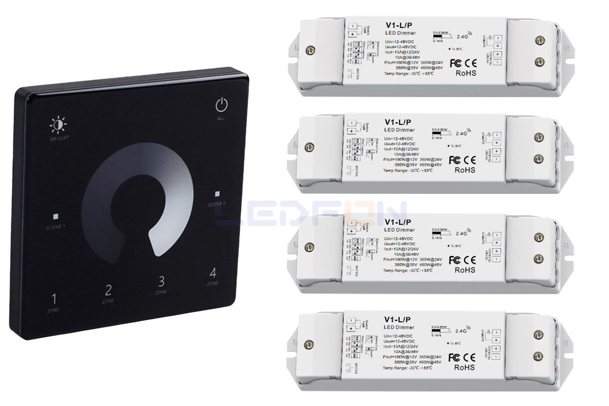 Duvar Tipi Bölge Kontrollü Tek Renk Led Dimmer Siyah  (12V-24V /15A) +4 Adet Dim Alıcı Siyah