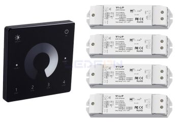Duvar Tipi Bölge Kontrollü Tek Renk Led Dimmer Siyah  (12V-24V /15A) +4 Adet Dim Alıcı Siyah